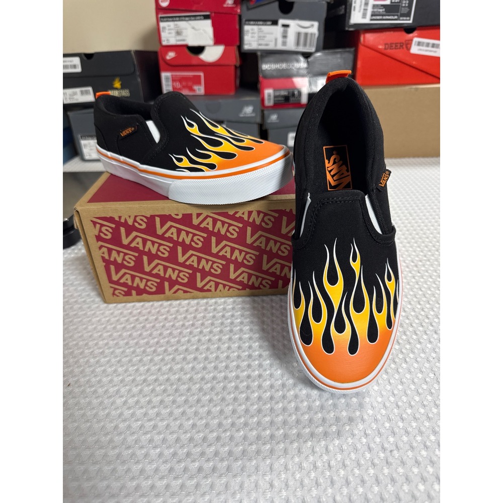 Vans Slip-On Kids 2.5 Classic Flame Black Orange Skate Shoes VN0A38F7U5B NIB